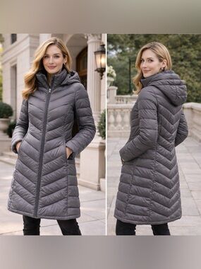 Calvin Klein Women’s Gray Packable Quilted Down Puffer Coat with Hood M